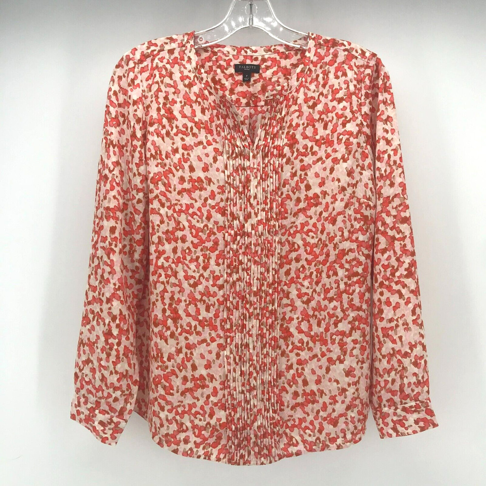 Talbots Top Womens P Peach Orange Pintuck Notch V Neck Long Sleeve Blouse